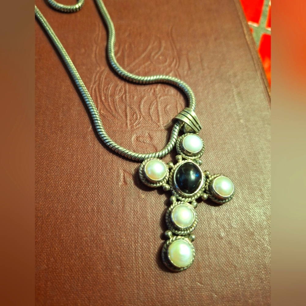 Sterling Silver & Pearl & Onyx Cross 1.5" W Silverplate 18" Rope Chain